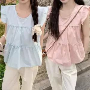 여자 시원한 여름 캉캉 프릴 레이스 블라우스