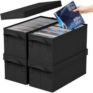 Lifewit CD 보관 박스 4팩, 쌓을 수 있는 홀더 오거나이저 케이스, 뚜껑이 접이식 용기, 손잡이, 앨범용 미디어 정리함 통, 길이 33.5cm(13.25인치) x 너비 15cm(5.9인치) 높이 13.5cm(5.3인치), 최대 120개의 (각