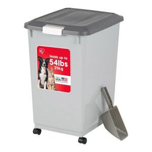 IRIS USA 바퀴가 달린 강아지 사료 보관 용기, 밀폐 뚜껑, 2컵 스쿱, 최대 24.5kg(55파운드) 반려동물 보관, 뚜껑에 스쿱 다용도 통, 휴대용, BPA 프리, 그레이 /다크