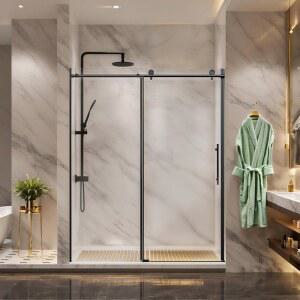 프레임리스 슬라이딩 샤워 도어 72 u201D W x 76 H, 3/8 강화 유리, 리버서블 도어가 있는 싱글 바이패스 인클로저, 조용한 롤러, 미끄럼 방지 안전 시스템, 매트 블랙 스테인리스 스틸