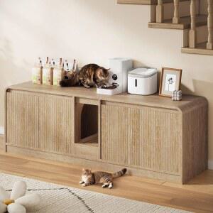 호미플렉스 고양이 쓰레기통, 쓰레기 수거기 포함, 2마리를 위한 59인치 이중 실내 고양이를 숨겨진 쓰레기통 가구, 큰 어른, 집, 사이드 테이블, TV 스탠드, 내추럴