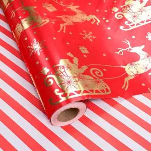 딜로바 리버서블 크리스마스 포장지 롤 트리 홀리데이 겨울용 스트라이프가 있는 레드 골드 메탈릭 호일