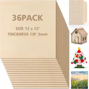 애드랫니 배스우드 시트 1개/8 x 12 인치 3mm 합판 DIY 공예용 36Pcs 정사각형 미완성 목재 보드 커팅 소각