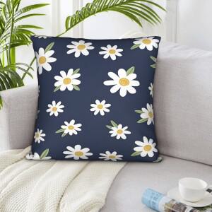 네이비 블루 데이지 꽃무늬 베개 커버 폴리에스테르 소재 기계 세탁 가능 침실 거실 및 소파