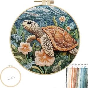 포누이 바다거북 꽃 자수 키트 초보자를 위한 크로스 스티치 프린트 패턴이 있는 수제 공예품 쉽게 따라할