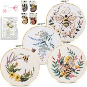 초보자를 위한 산튠 4팩 자수 키트 바늘 포인트 크로스 스티치 꿀벌 꽃무늬 스티치가 포함된 세트 비디오