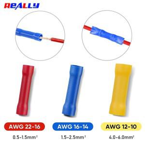 BV 크림프 터미널 버트 스플라이스 커넥터 와이어  구리 절연 전기 스트레이트 BV1.25 BV5  100 개