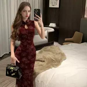 레드 로즈패턴 키홀 벨벳 치파오 원피스 교복 학생복