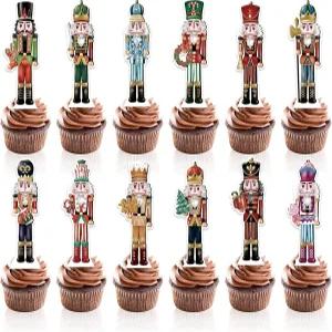 48 PCS 크리스마스 호두까기 인형 생일 축하 컵케이크 토퍼 테마 파티 장식 케이크 용품 소년 소녀