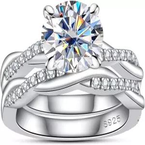 AnuClub Princess 라운드 컷 모이사나이트 웨딩 링 세트 인피니티 브라이덜 D 컬러 VVS1 925 스털링 실버