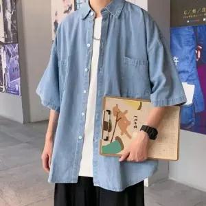 남성용 여름 오버핏 데님 반팔 셔츠 데일리 캐주얼 남방