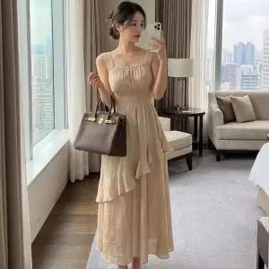 [다잇템] 여자 슬리브리스 스퀘어넥 잔주름 롱원피스