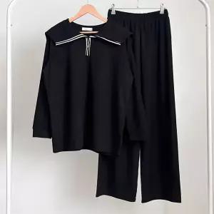 여성 기모 버튼 세일러 카라 티셔츠 대형 사이즈 팬츠 세트