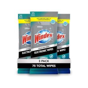 Windex 전자 청소 물티슈, TV, 휴대폰 및 기타 제품용 미리 적신 스크린 신선도 잠금장치용 재봉 가능, 25 카운트(3팩) | 잠금장치