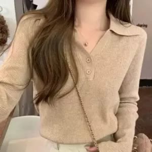 데일리룩 레이디스 넥카라스냅 V넥 스트라이프짜임 패션라인 스웨터 크루넥티 장팔 컴포트