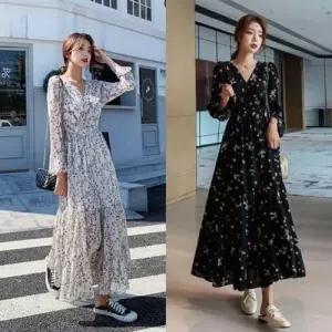 롱원피스 쉬폰롱원피스 꽃무늬 쉬폰원피스 URD WFLMUOD