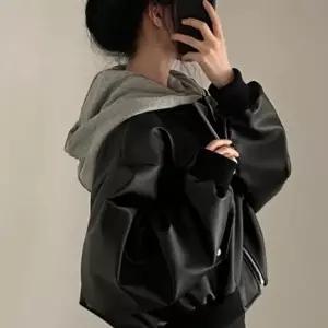 여성 간절기 투피스 루즈핏 라이더 레더 가죽 후드 자켓