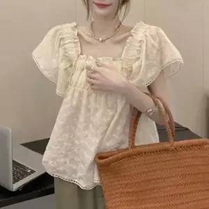 여자 데이트 룩 코디 레이스 펀칭 반팔 블라우스 여름