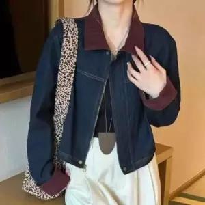 스웨이드 카라 빈티지 캐주얼 여성 데님 크롭 자켓