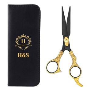 H&S 골드블랙 시리즈 프로페셔널 헤어 커팅 가위 | 프리미엄 일본 스테인리스 스틸 6.5인치 가위, 이발 액세서리 및 미용실 용품 수염 콧수염 손질