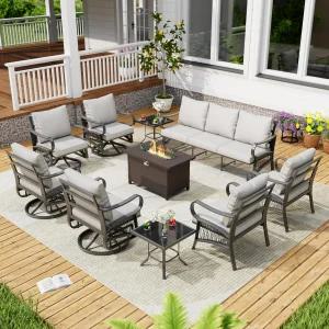 브로비라 10피스 야외 파티오 가구 세트 50000 BTU 프로판 파이어 피트 테이블과 5인치 두꺼운 쿠션이 있는