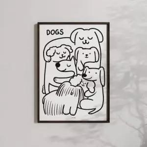 뉴트로펜슬 강아지 댕댕이 친구들 블랙 라인 핸드 드로잉 일러스트 인테리어 포스터