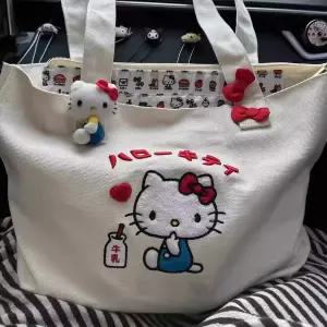 헬로 키티 자수 캔버스 숄더백 대용량 핸드백 쇼핑백 토트백 에코백 데일리 캐주얼