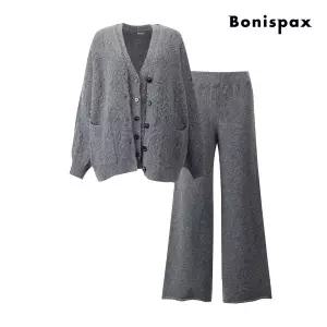 [롯데백화점]보니스팍스 케이블 가디건 V넥 베스트 와이드 팬츠 울 니트 3P 세트 XQ1ST004M0