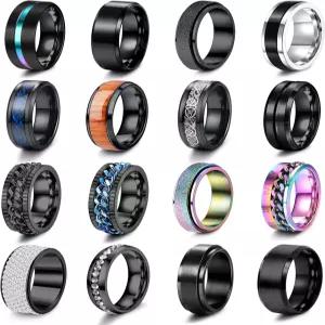 남성용 베스틸 16Pc 스테인리스 스틸 밴드 반지 여성용 피젯 불안 쿨 체인 베벨드 엣지 셀틱 블랙 스피너