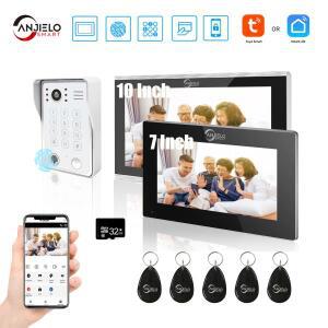 Tuya 유선 초인종 비디오 인터콤 도어폰 터치 스크린, 1080P 148 ° 앱 비밀번호 지문 카드 스와이프 모니