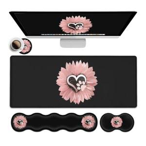 jvgfynkl 메모리 폼 있는 받침대 가장자리가 매트 플라워 + 확장 손목 패드, 지지 책상 스티치 키보드 마우스 게이밍 발, 패드 세트, 29.9cm(31.5 블랙 11.8인치), 데스크 강아지 대형 귀여운 80.9 x 핑크