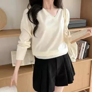 여성용 간절기 브이넥 기본 스웨터 봄가을용