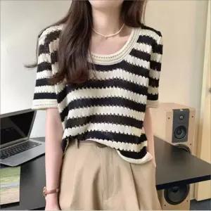 여자 배색 반팔티 여름 니트티셔츠 스트라이프 펀칭