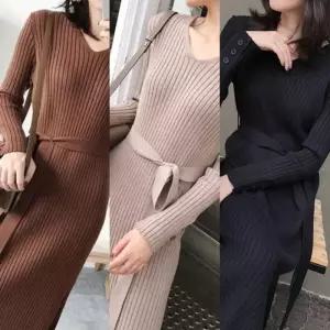 원피스 겨울원피스 브이넥니트 겨울 브이넥 여성용 롱치마 니트 롱 슬림핏