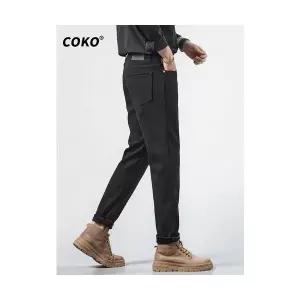 남성용 면 바지 가을 겨울 기모 블랙진 잔발 빈티지 워싱 슬림핏 테이퍼드 긴 KS4