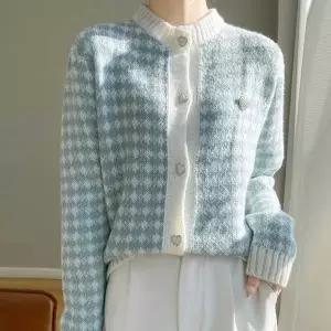 [하프클럽/알티피아]여자 봄 하객룩 패션 결혼식 체크 라운드 넥 가디건