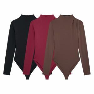 2025년 신상 여성용 플리츠 바디수트 피터팬 칼라 긴팔 스냅 버튼 여성 플레이수트 시크 하이넥 티셔츠