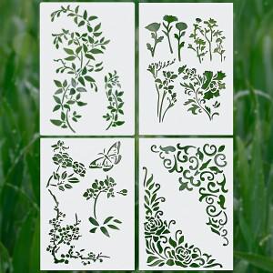 벽목재 캔버스 종이 직워터용 11.6×8.27인치 꽃 덩굴 스텐실 4개 - 재사용 가능 꽃과 나비 그림 템플릿 f