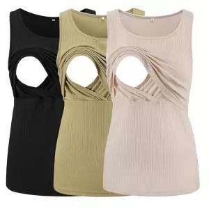 Ecavus 여성용 3팩 골지 수유 탱크 탑 민소매 임산부 모유 셔츠 이중 레이어 의류 블랙 + 옐로우 그린 살구