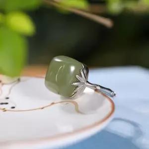 S925 대나무잎 반지 복고풍 시리즈 옥 자연주의 청옥 빈티지 엄지반지 레트로 은반지