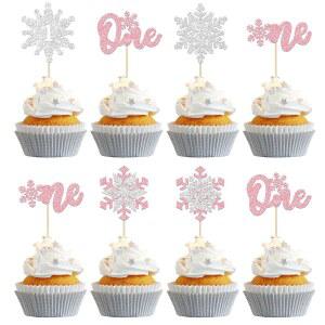 규피스 24PCS 더블 레이어 스노우플레이크 원 컵케이크 토퍼 핑크 글리터 겨울 돌잔치 장식 겨울 온더랜드 돌잔치 소녀 원더랜드 장식 용품