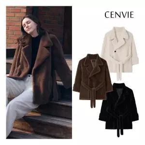 센비 에밀리 FAUX 밍크 퍼 카라 버튼 하프 코트