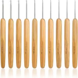 Katech 10개 크로셰 후크 인체공학적 바늘 대나무 나무 손잡이 작은 크기 (0.75-3.0mm) 니트 직조 실 공예