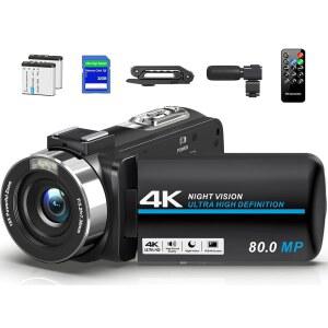 유튜브용 4K 80MP 캠코더 비디오 카메라 울트라 HD 브이로그 18X 디지털 줌 레코더 IR 나이트 버전 3.0인치 IPS 화면(핸드헬드 스태빌라이저, 마이크, 리모컨 및 32