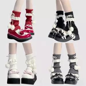 새로운 JK 양말 레그 워머 일본 스타일 스위트 로리타 레이스 트림 종아리 워머 여성 니트 퍼지 귀여운 폼