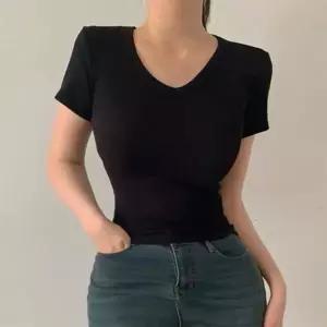 여성 브이넥 슬림핏 골지 반팔 티셔츠
