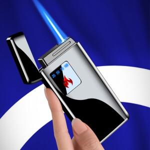 가스 전기 통합 제트 블루 불꽃 라이터 디지털 디스플레이 전원 터치 센서 점화 방풍 휴대용 토치 선물