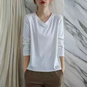 브이넥 무지긴팔티셔츠 패치 여성 기본핏 흰색티