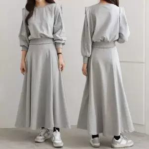 여성 면 무지 퍼프 맨투맨 롱스커트 트레이닝 세트 츄리닝 투피스 셋업 -WSST0033- 봄 가을