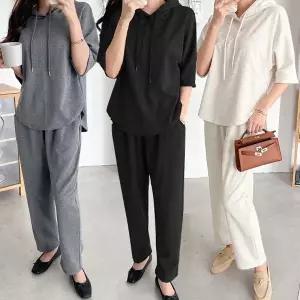 여성 면 후드 반팔 티셔츠 밴딩 바지 트레이닝 세트 츄리닝 셋업 -WPST0144- 봄 가을